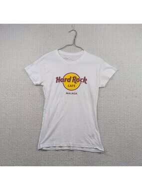 Y2K Hard Rock Cafe T-shirt Malaga Spain Graphic Bodycon Fitted Tee Wom S White
